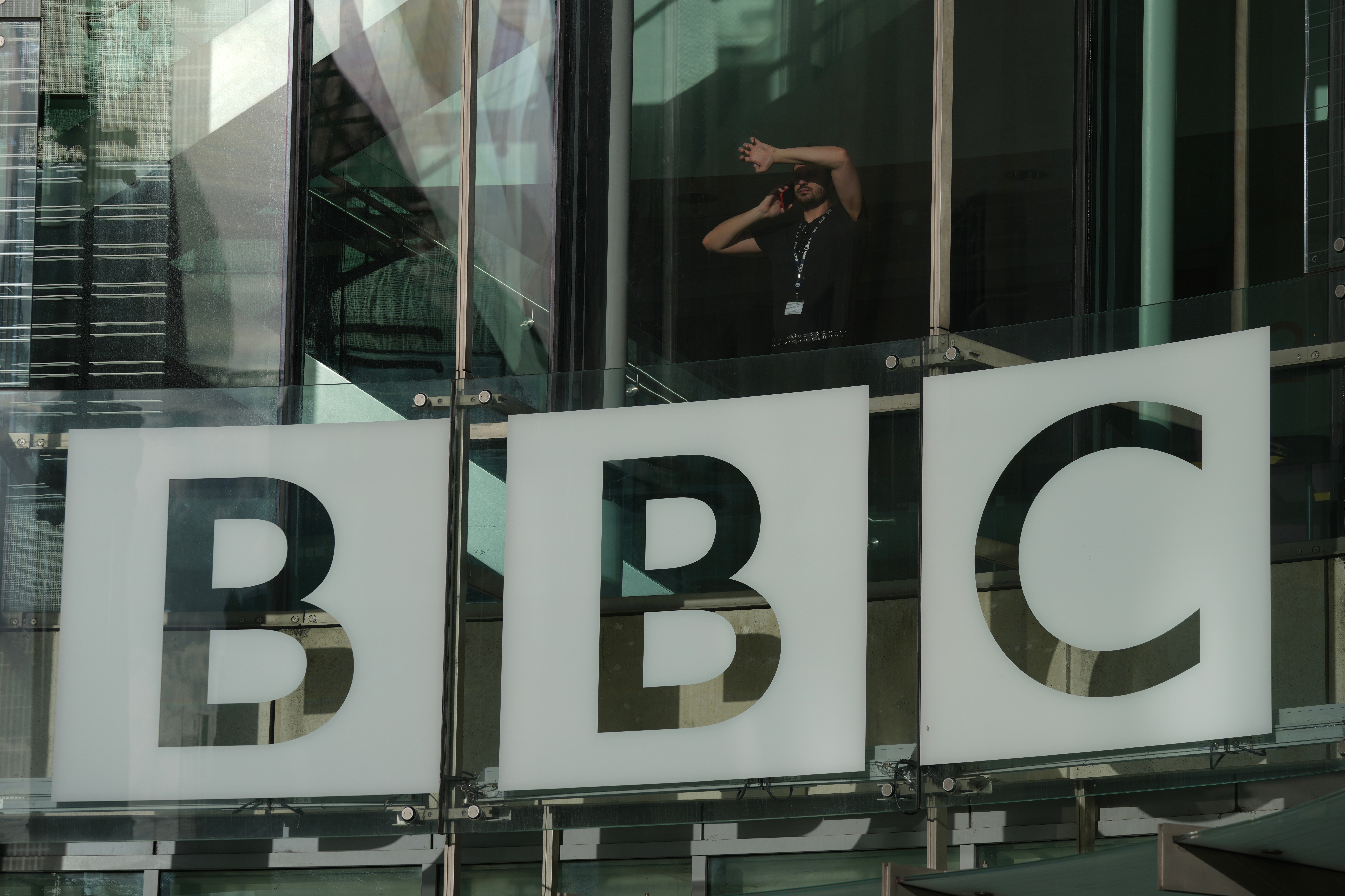 A view of the logo outside the BBC Headquarters in London, Wednesday, Nov. 12, 2025.